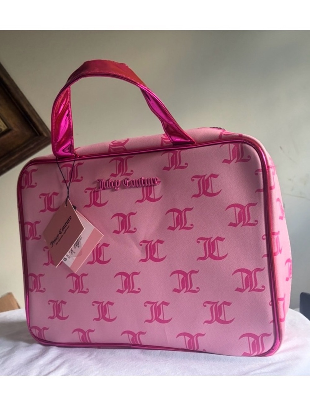 Juicy Couture Pink Monogram Cosmetic Case with Shiny Handle